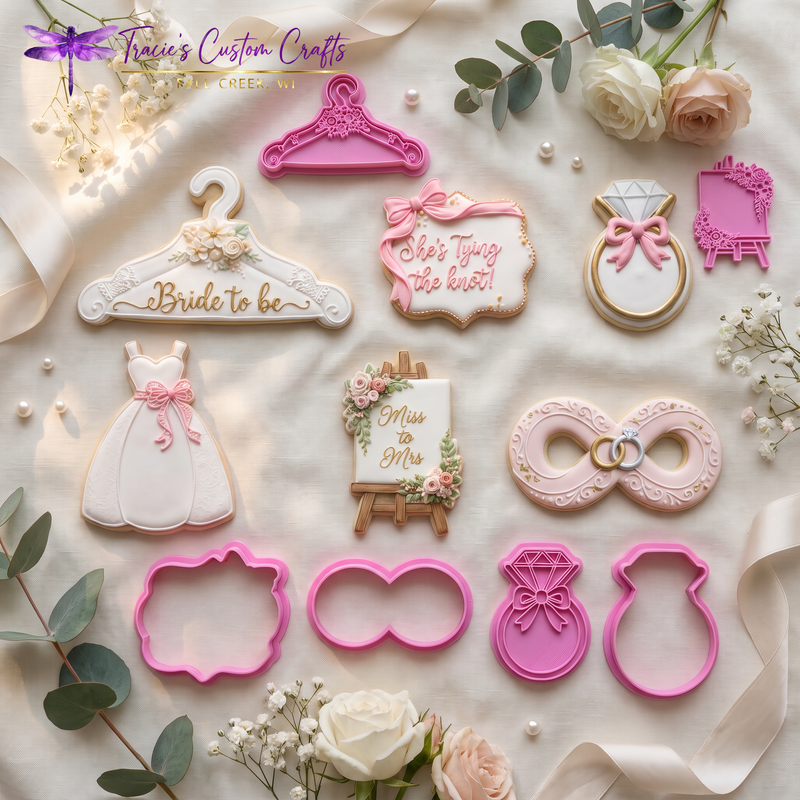 ⭐ She’s Tying the Knot Cookie Cutters & Stamps – Modern Bridal Shower Collection