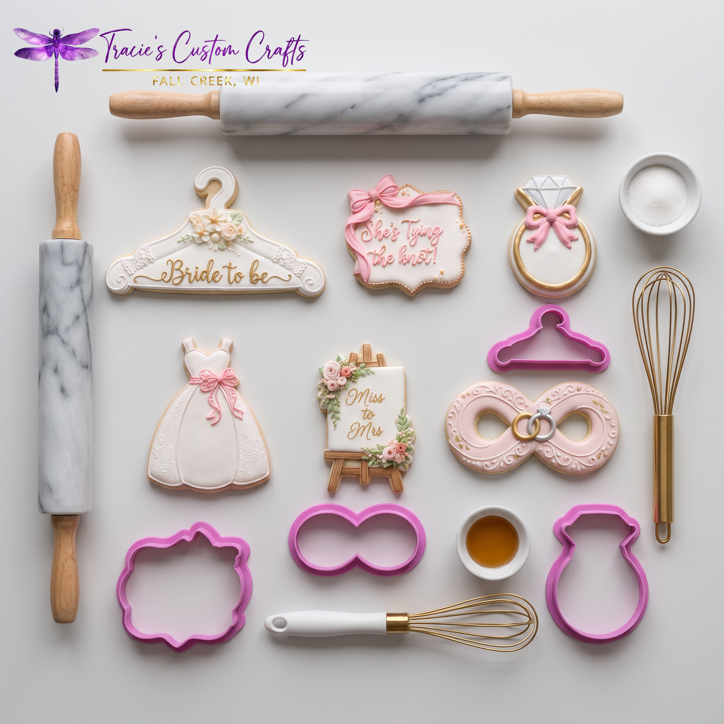 ⭐ She’s Tying the Knot Cookie Cutters & Stamps – Modern Bridal Shower Collection