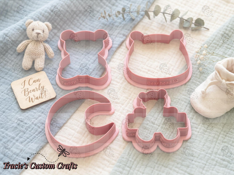 I Can Bearly Wait Cookie Cutters • Baby Shower Bear Set • Bear Face, Heart Bear & Moon • 3D Printed Food‑Safe PLA