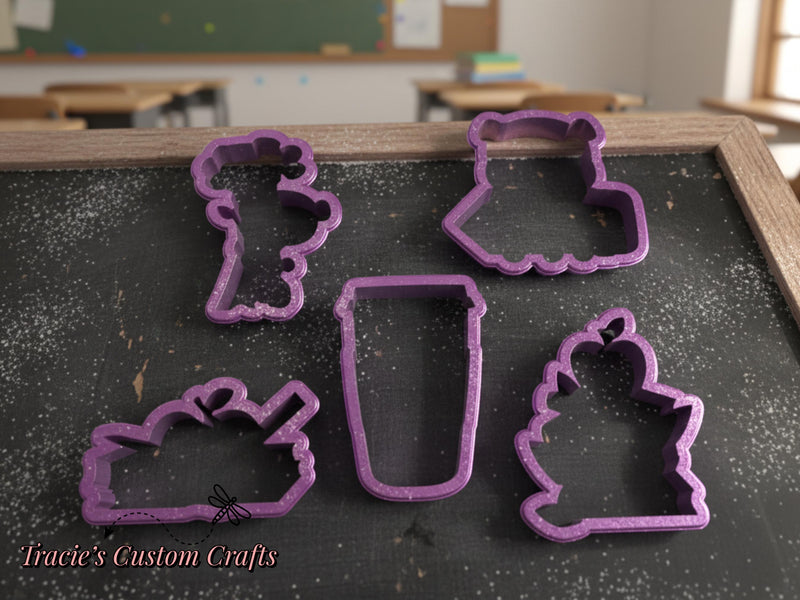 Teacher Appreciation Cookie Cutters – Books, Bear, Apple, Latte Shapes (PLA)