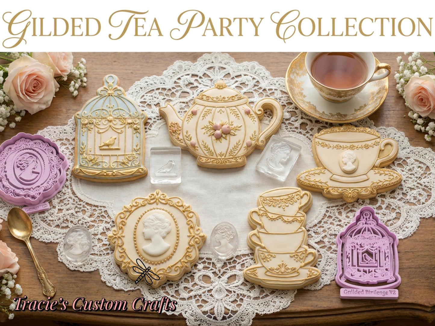 ⭐ Gilded Tea Party Cookie Cutters & Stamps – Vintage Tea Set Collection
