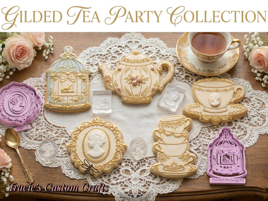 ⭐ Gilded Tea Party Cookie Cutters & Stamps – Vintage Tea Set Collection