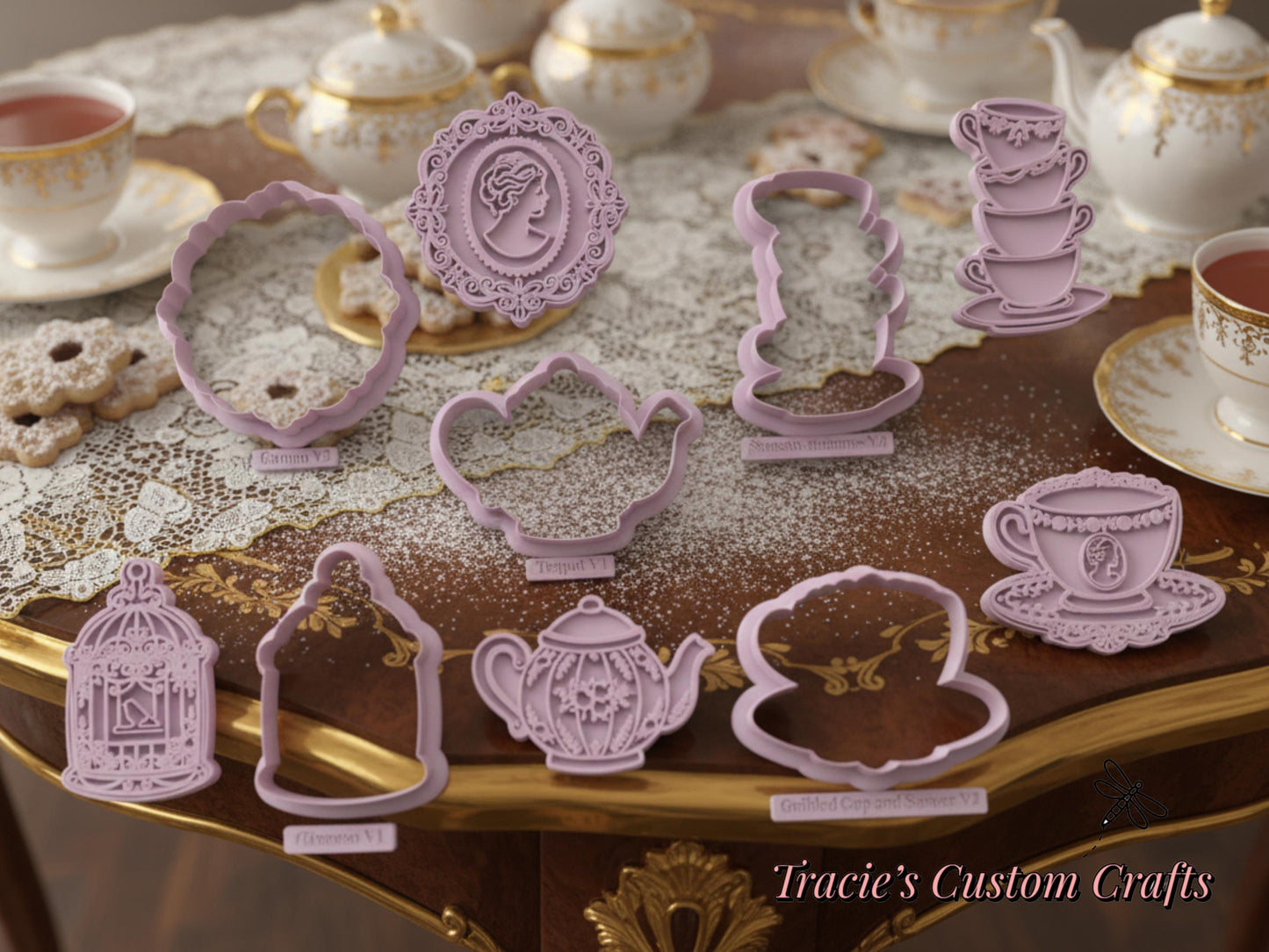 ⭐ Gilded Tea Party Cookie Cutters & Stamps – Vintage Tea Set Collection