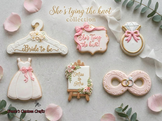 ⭐ She’s Tying the Knot Cookie Cutters & Stamps – Modern Bridal Shower Collection