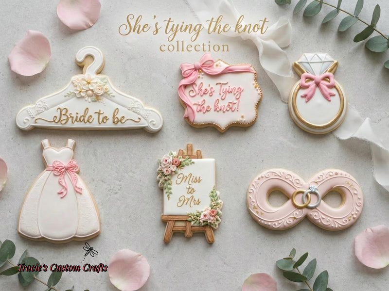 ⭐ She’s Tying the Knot Cookie Cutters & Stamps – Modern Bridal Shower Collection