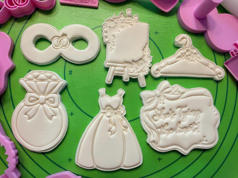 ⭐ She’s Tying the Knot Cookie Cutters & Stamps – Modern Bridal Shower Collection